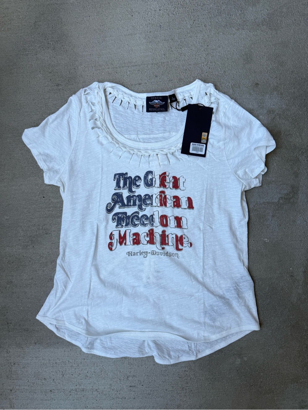 Harley-Davidson White Tee with Red & Blue Patriotic Graphic